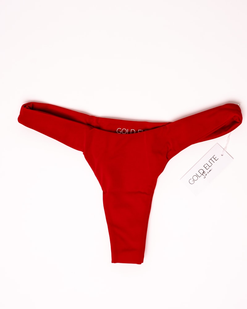 Front of a size L Cheeky Bikini Bottom in Colonial Red by Gold Elite Apparel. | dia_product_style_image_id:288255